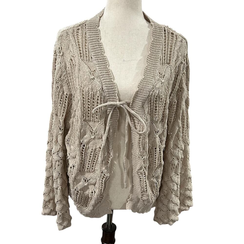 Bloom Chic Open Work Knit Tie Front Cropped Cardigan Boho Style Size 18-20 EUC